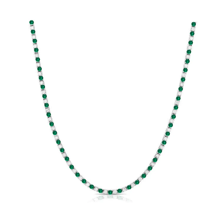 Alternating Green Emerald and Diamond Tennis Necklace