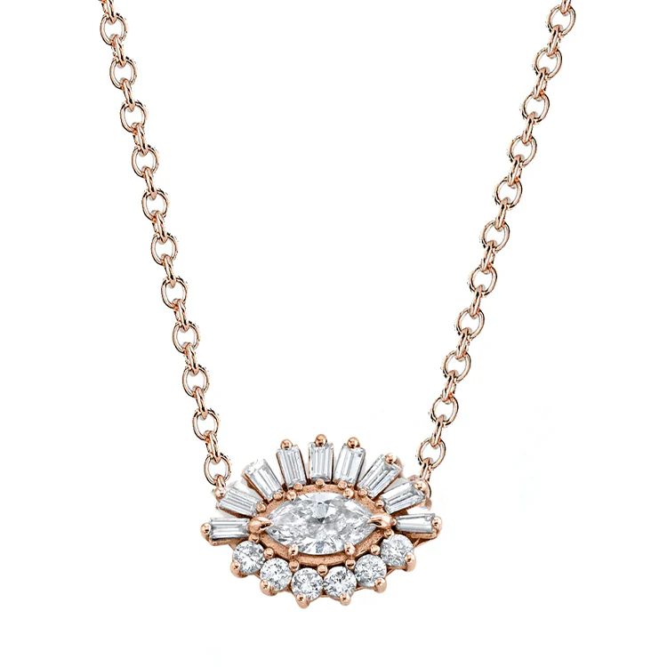 Baguette and Round Diamond Evil Eye Necklace - Image 11
