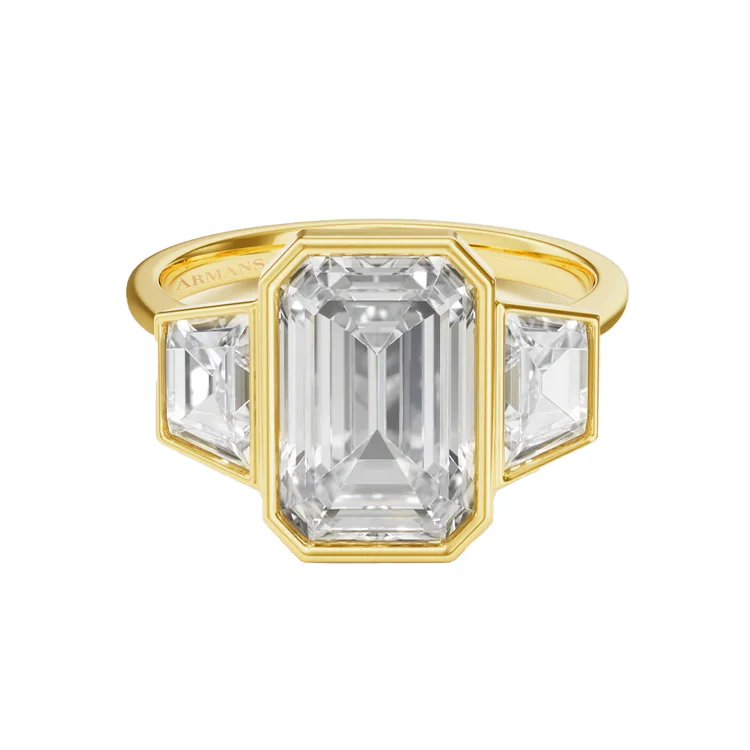 Bezel Set Emerald Engagement Ring with Trapezoid Side Stones