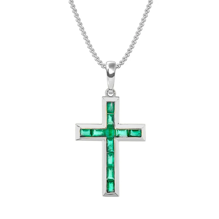 Bezel Set Green Emerald Cross Necklace - Image 3