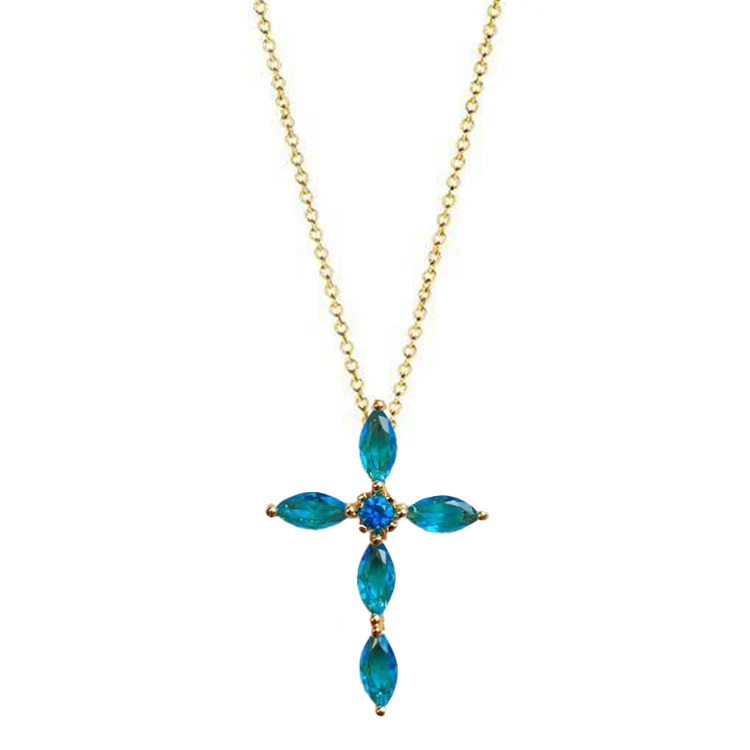 Blue Sapphire Marquise Gold Cross Necklace