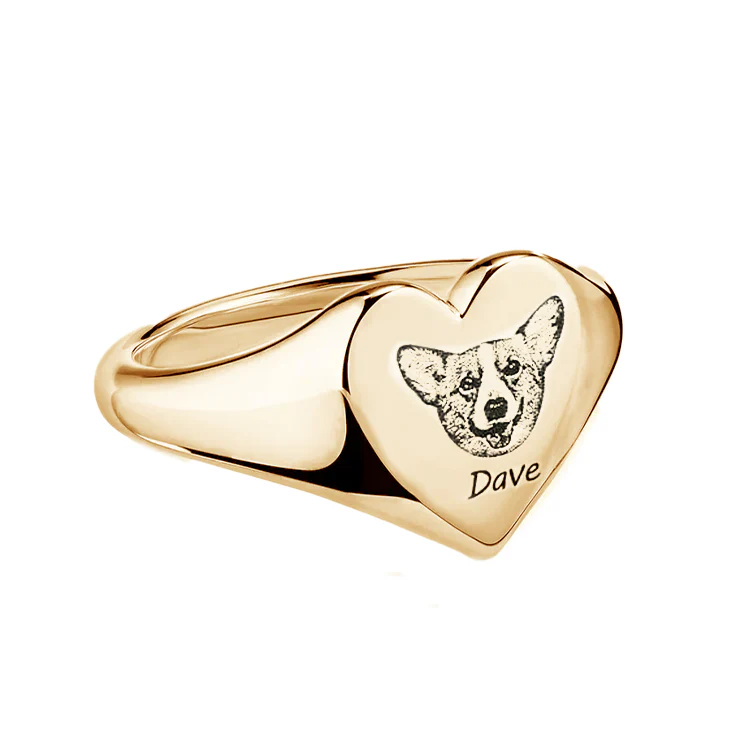 Custom Pet Face Heart Shaped Signet Ring
