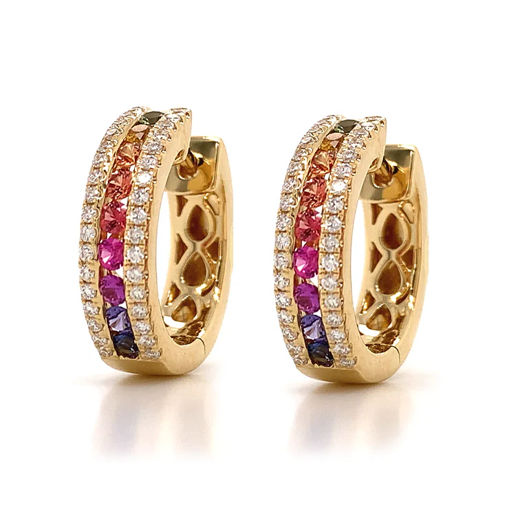 Diamond and Rainbow Sapphire Hoop Earrings