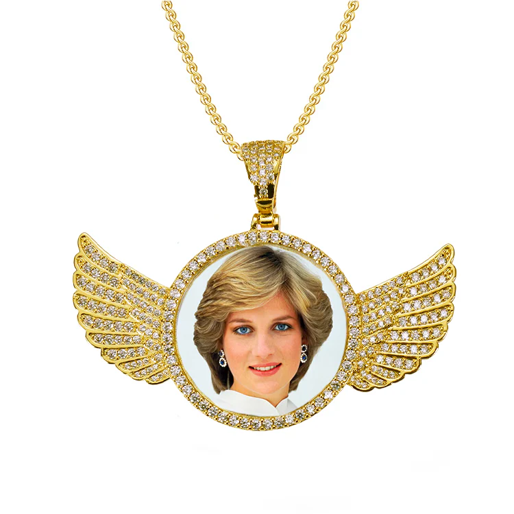 Diamond Angel Wings Memorial Photo Necklace