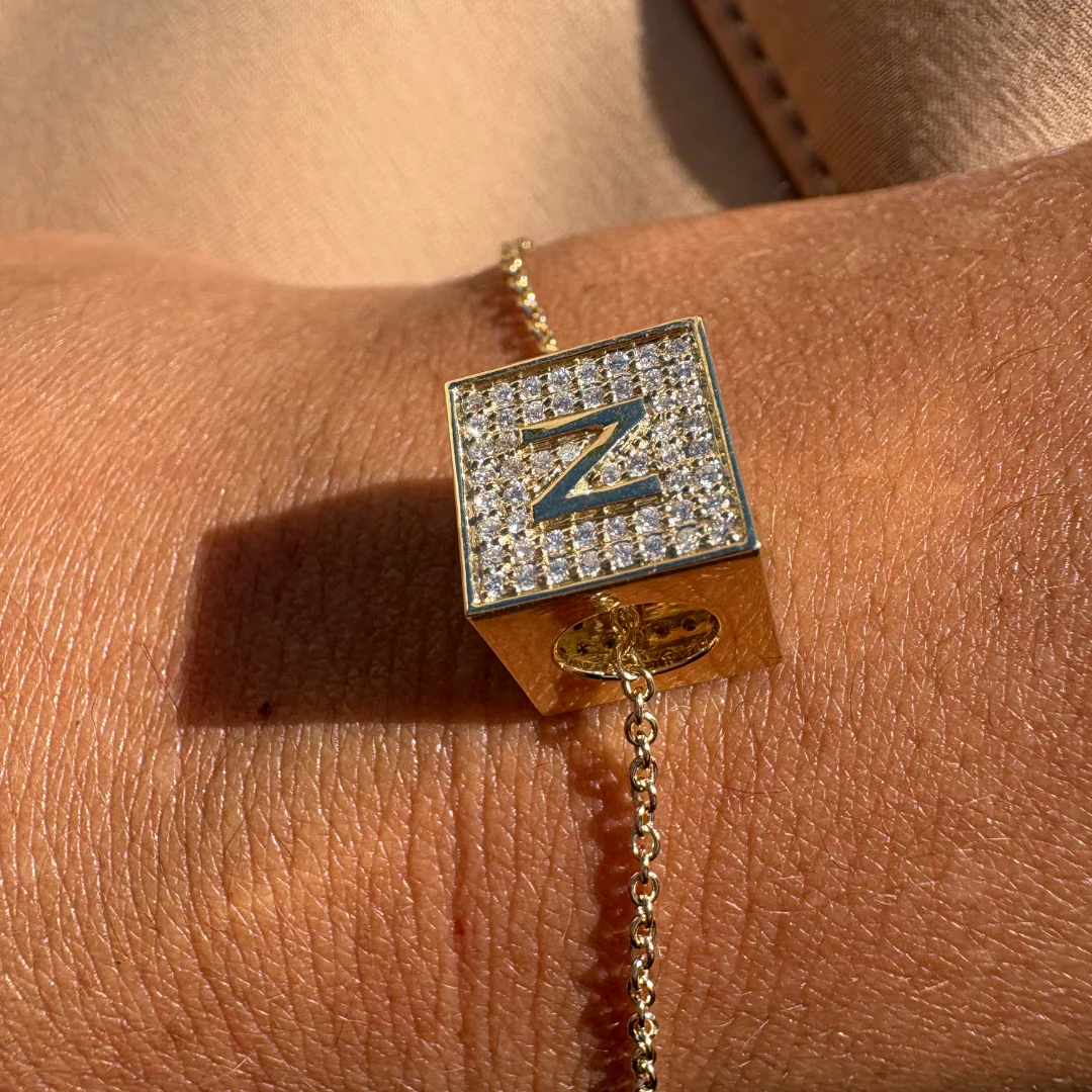 Diamond Block Charm Initial Bracelet - Image 2