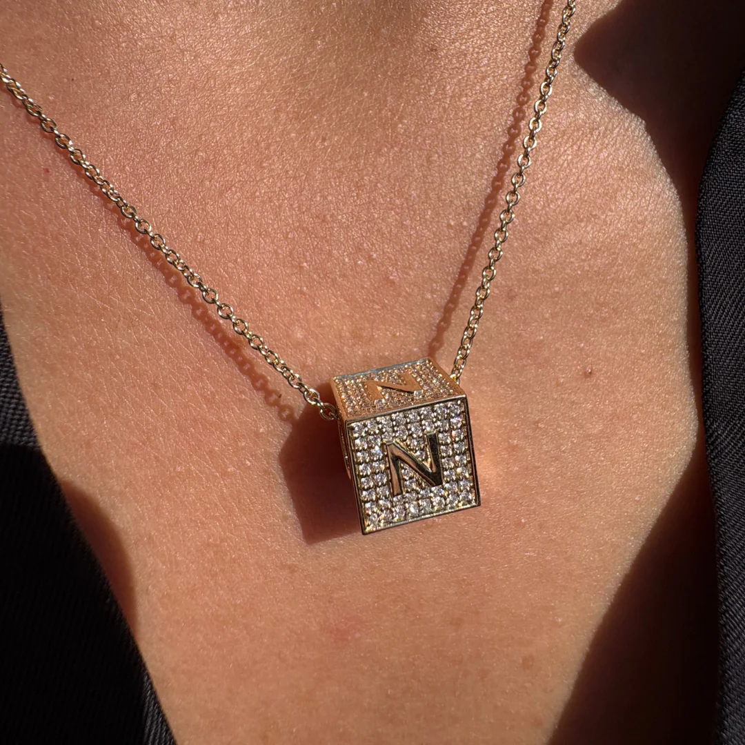 Diamond Block Charm Initial Necklace - Image 2