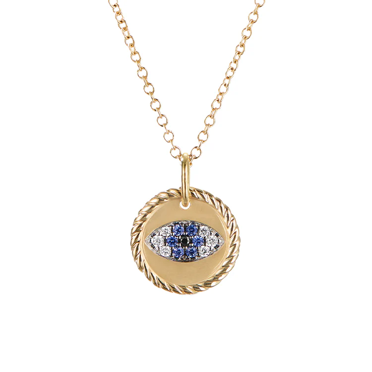 Diamond Blue Sapphire Evil Eye Disc Necklace