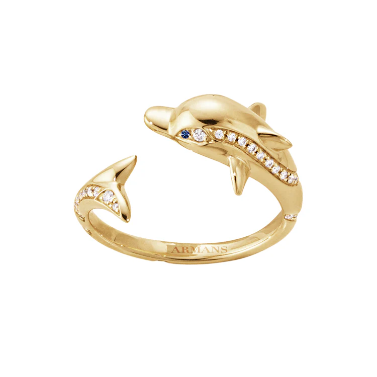 Diamond Dolphin Ring with Blue Sapphire Eyes