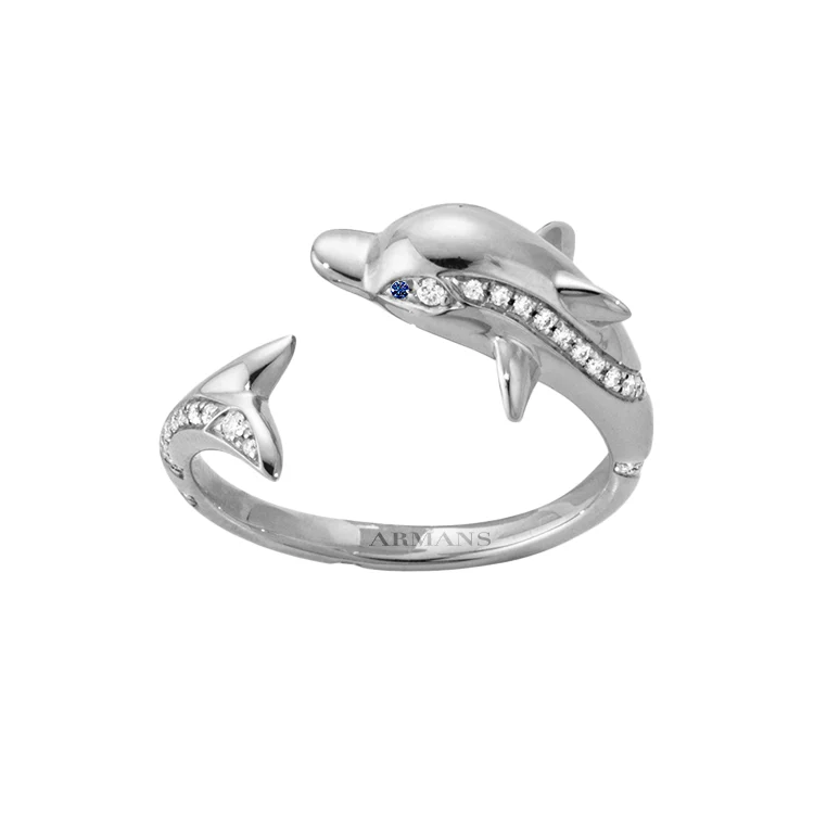 Diamond Dolphin Ring with Blue Sapphire Eyes - Image 3