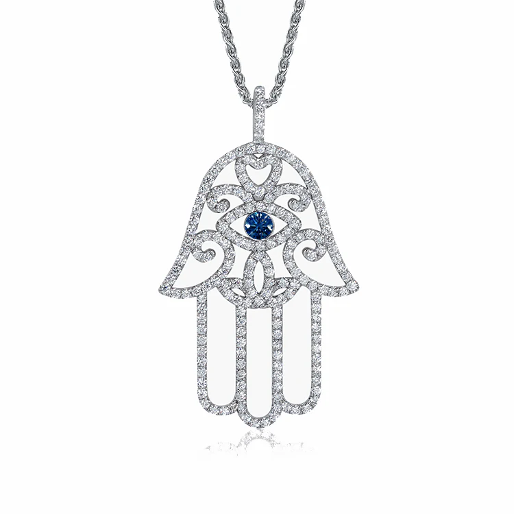 Diamond Hamsa Hand Necklace with Blue Sapphire