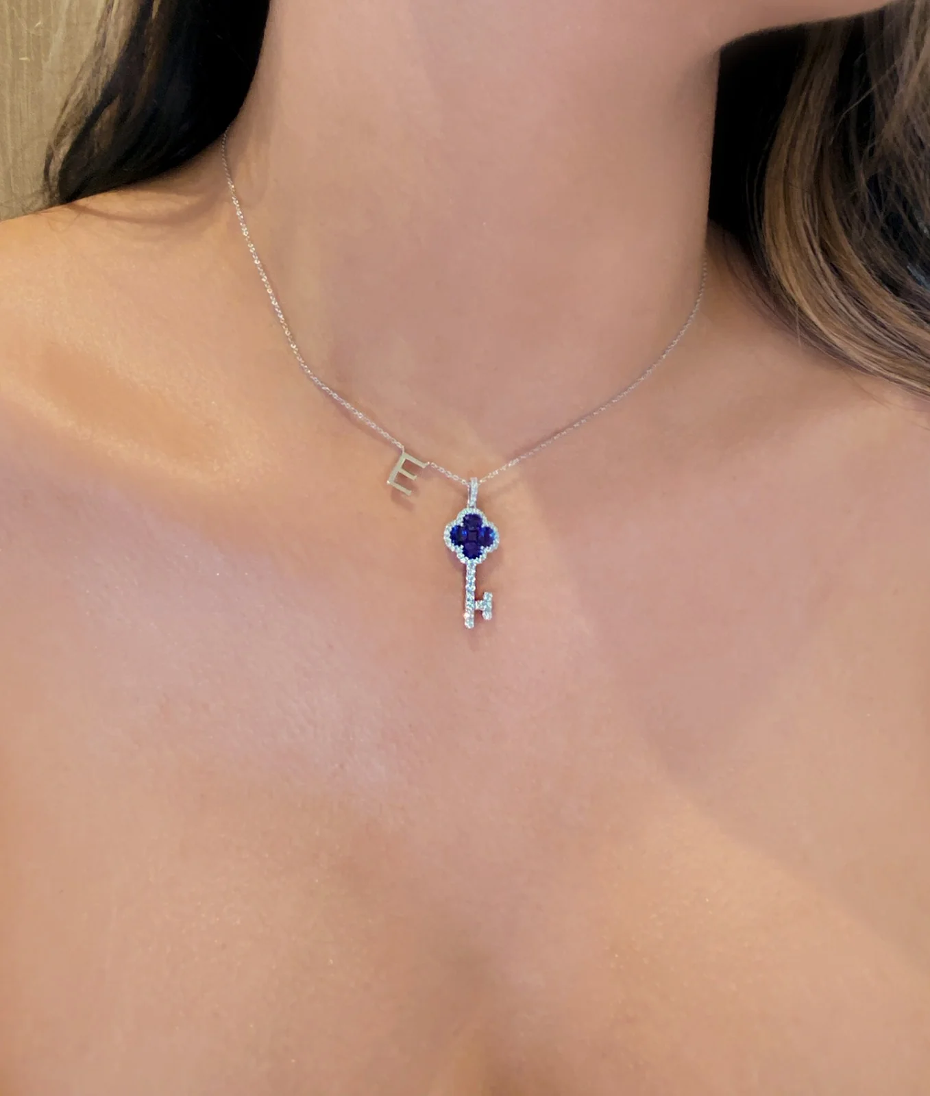 Diamond Sapphire Key Necklace