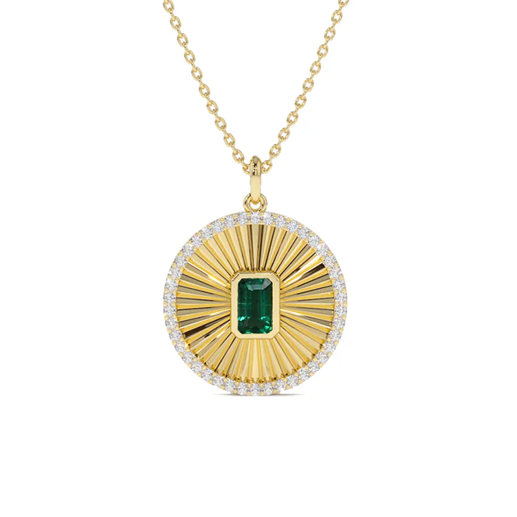 Fluted Green Emerald Disc Necklace