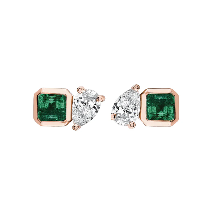 Green Emerald Asscher and Diamond Pear Studs - Image 3