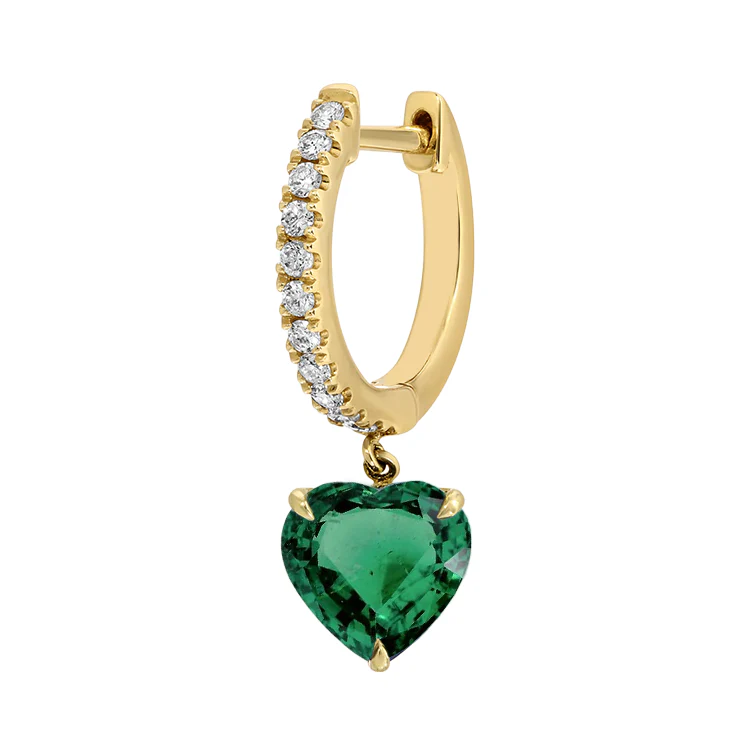 Green Emerald Heart Drop Diamond Huggies