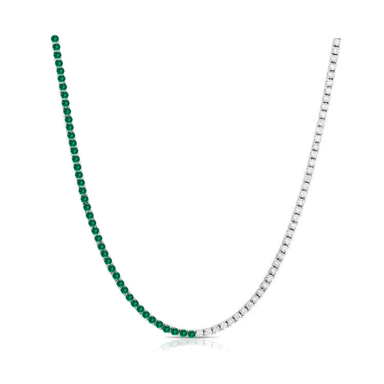 Half Green Emerald and Diamond Tennis Necklace