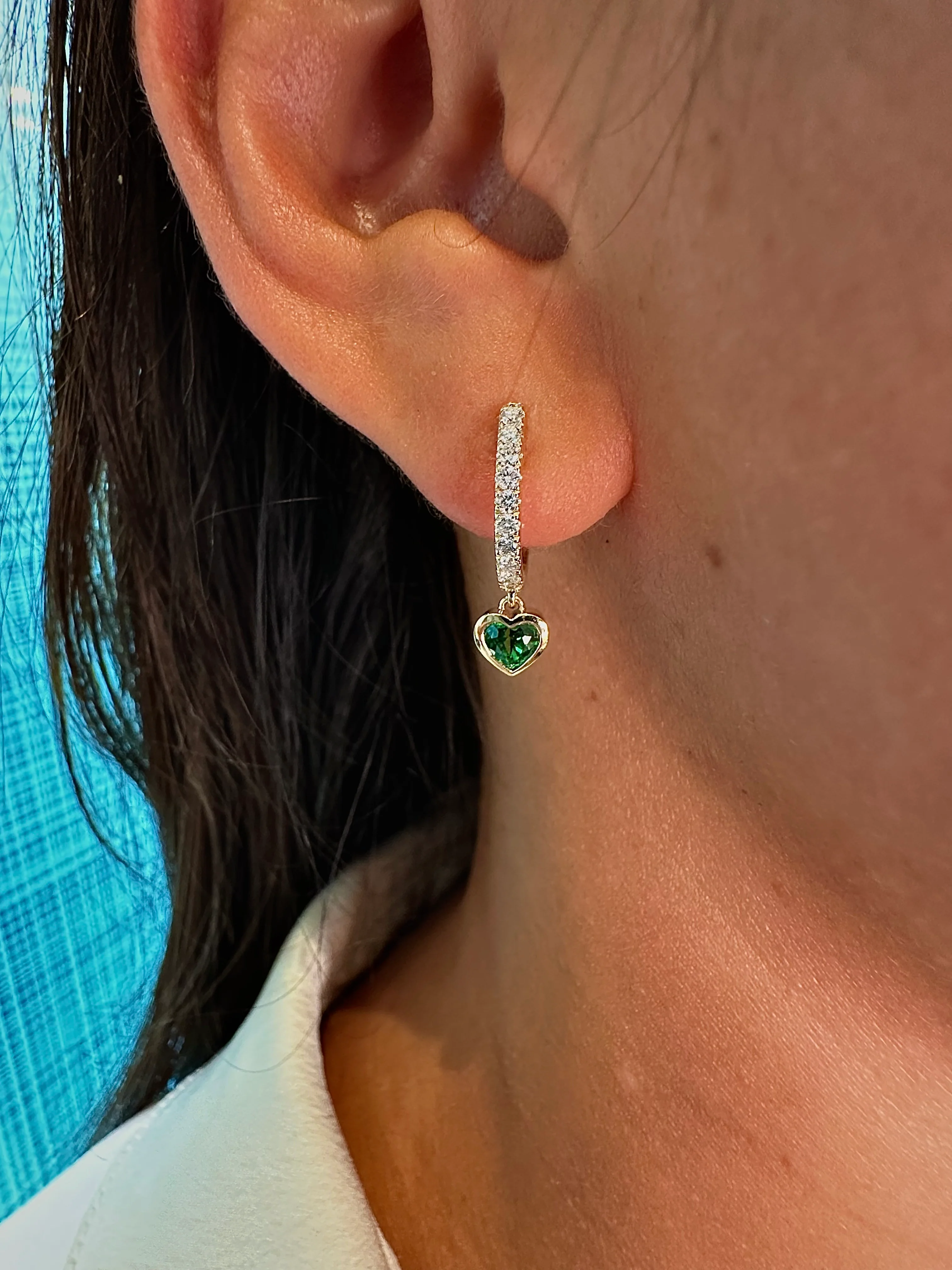 Heart Huggies with Green Emeralds and Diamonds - Image 4