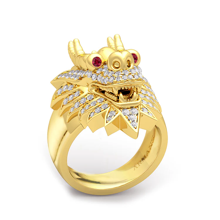 Men's Diamond Dragon Ring with Red Rubies