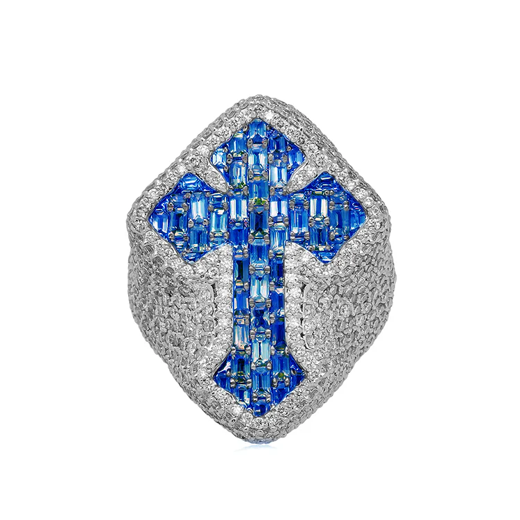 Men's Iced Out Blue Sapphire Cross Ring
