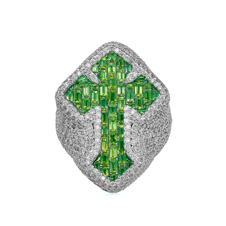 Men's Iced Out Green Emerald Cross Ring