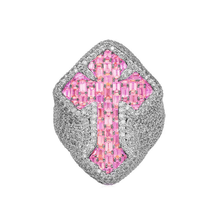 Men's Iced Out Pink Sapphire Cross Ring