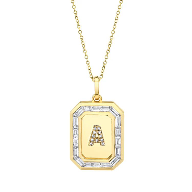 Men's Pavé Initial Nameplate Necklace with Baguette Diamonds