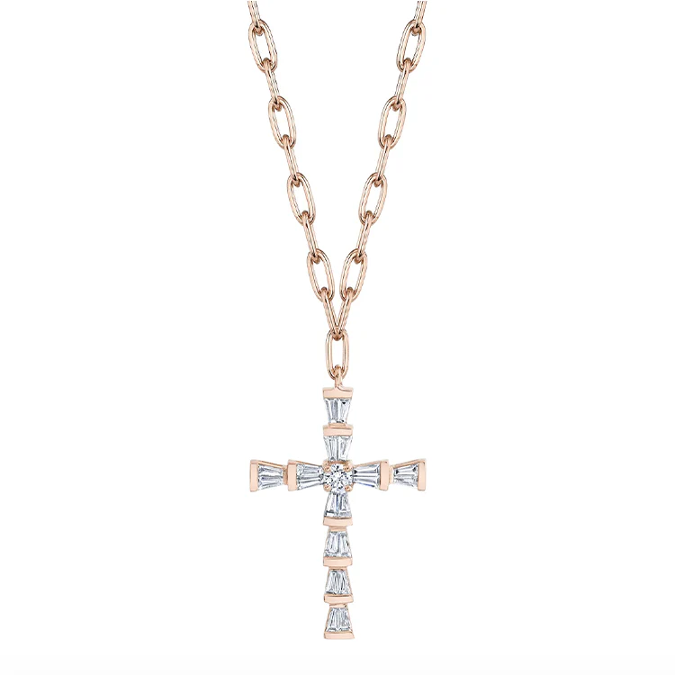 Mini Baguette Diamond Cross with Paperclip Chain - Image 3