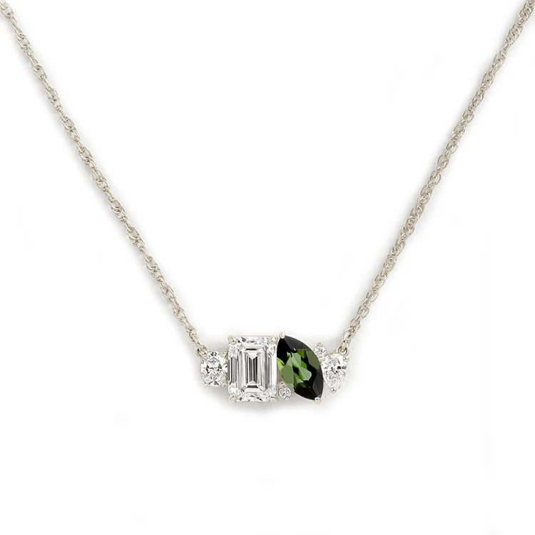 Mixed Shape Diamond and Sapphire Cluster Necklace - Image 15