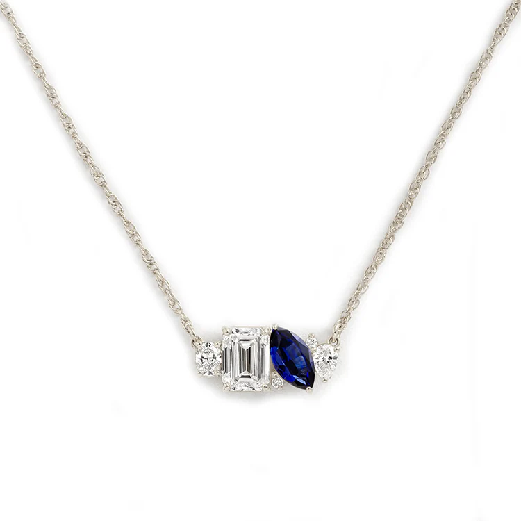 Mixed Shape Diamond and Sapphire Cluster Necklace - Image 27