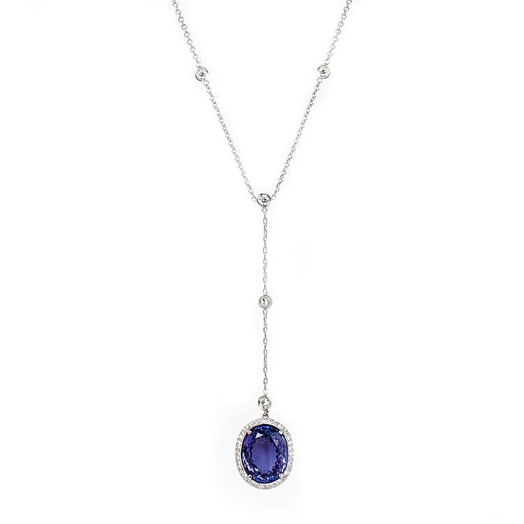 Oval Tanzanite and Diamond Drop Necklace