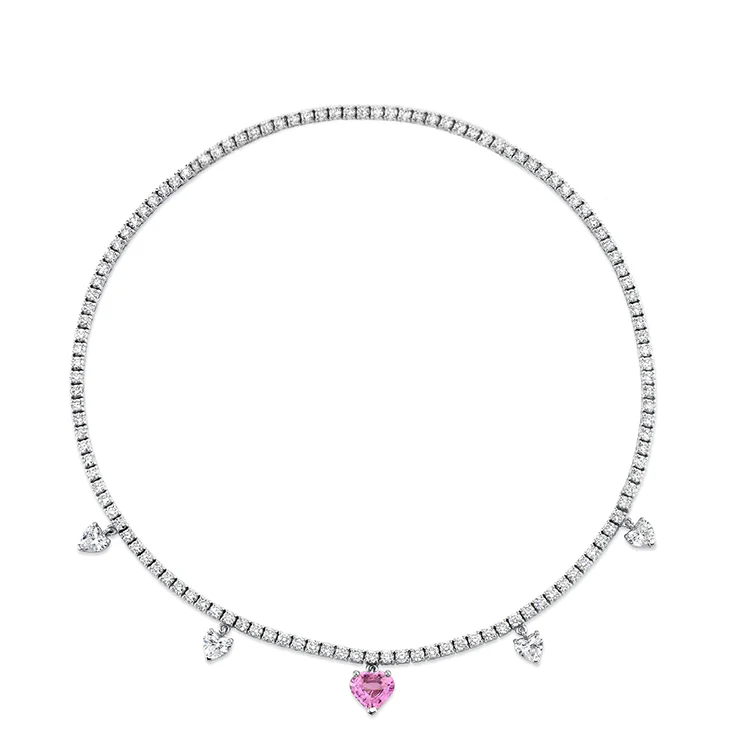 Pink Sapphire and Diamond Dangling Heart Tennis Necklace