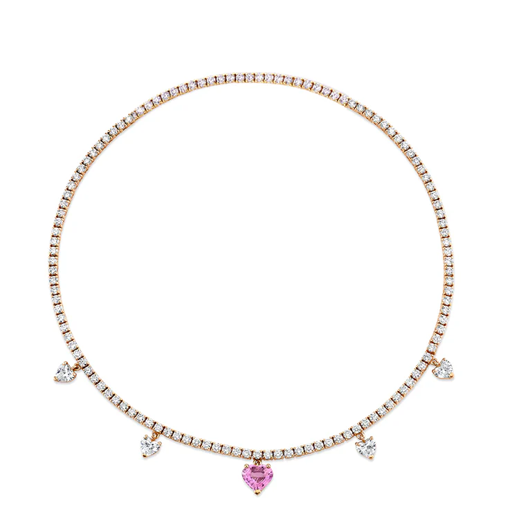 Pink Sapphire and Diamond Dangling Heart Tennis Necklace - Image 3