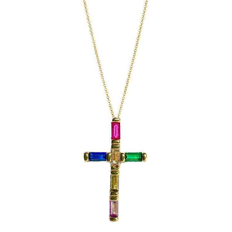 Rainbiow Multi-Sapphire Emerald Cross Necklace