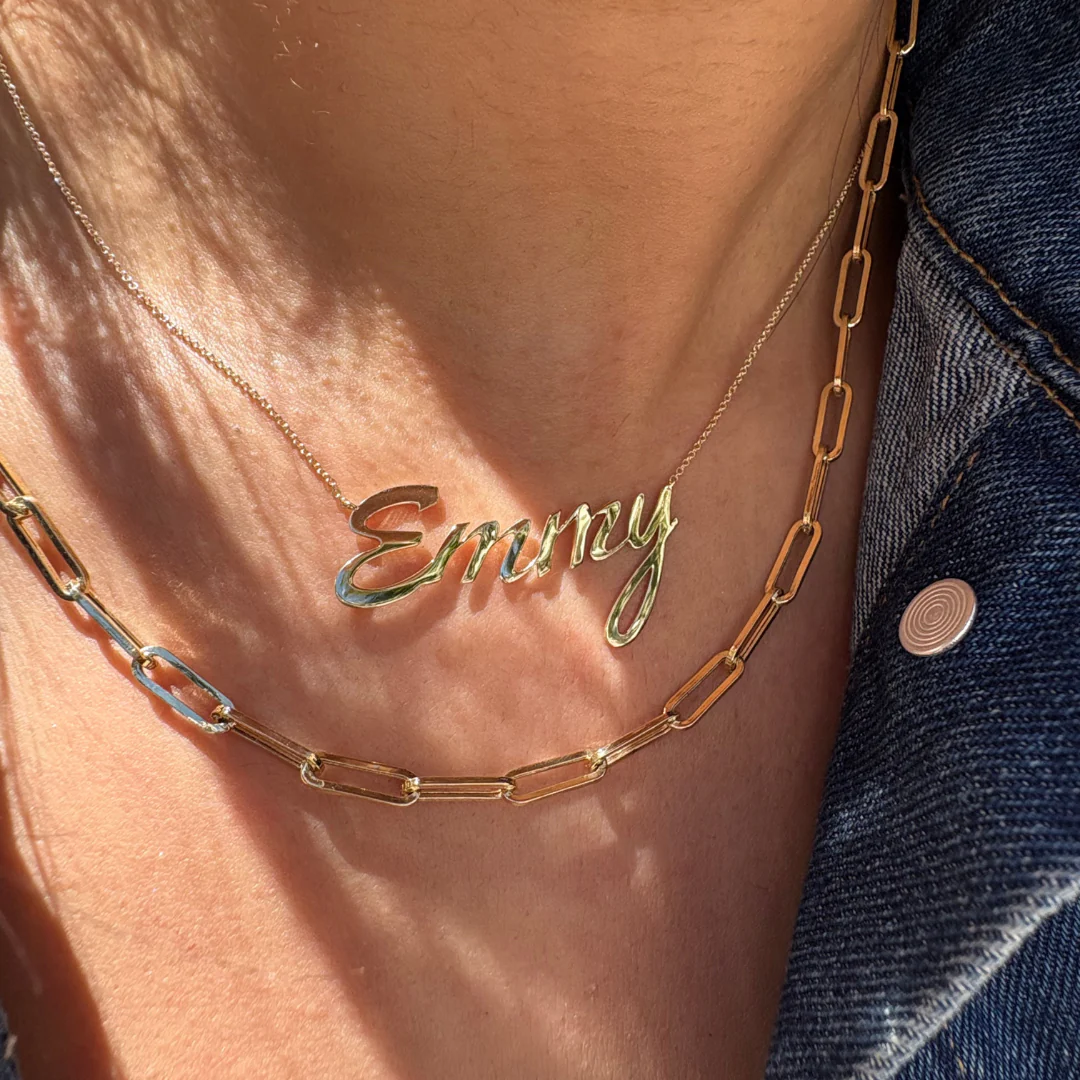 Solid Gold Paper Clip Chain Link Necklace - Image 2