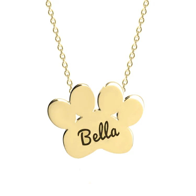 Solid Gold Paw Print Necklace with Name Engraving