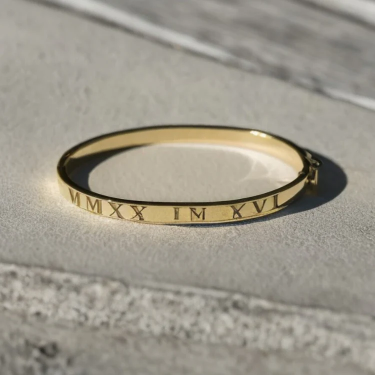 Solid Gold Roman Numeral Bangle - Image 2