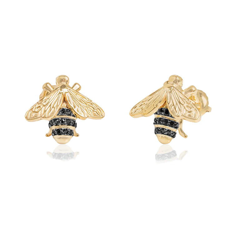 Yellow Honey Bee Black Diamond Stud Earrings